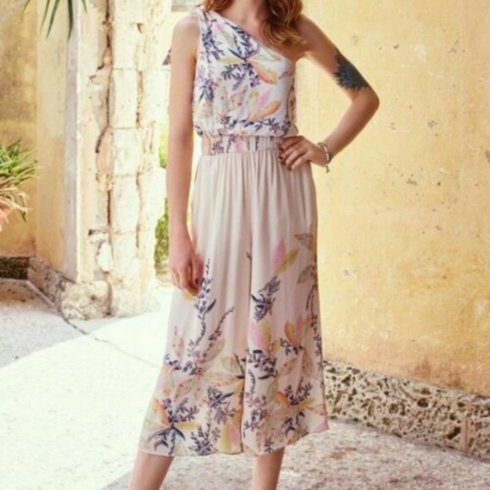 Free People white one shoulder floral jumpsuit S